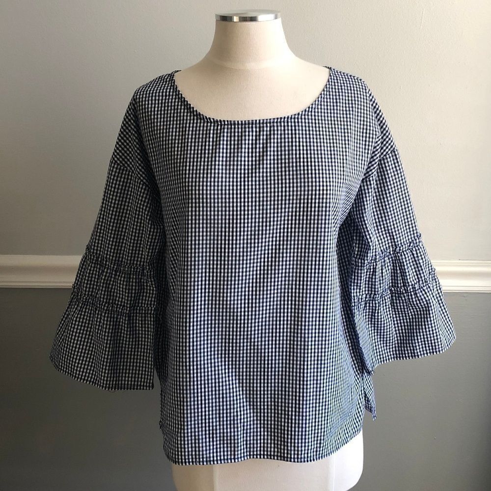 Nordstrom Socialite Gingham Ruffle Sleeve Top, M
